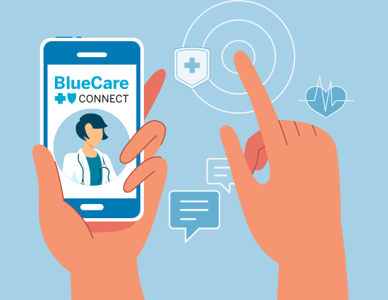 Illustration showing BlueCare Connect on a phone