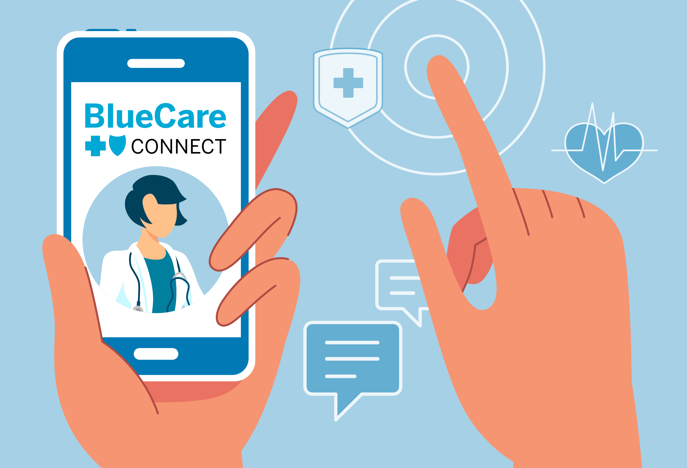 Graphic of person holding phone with BlueCare Connect app