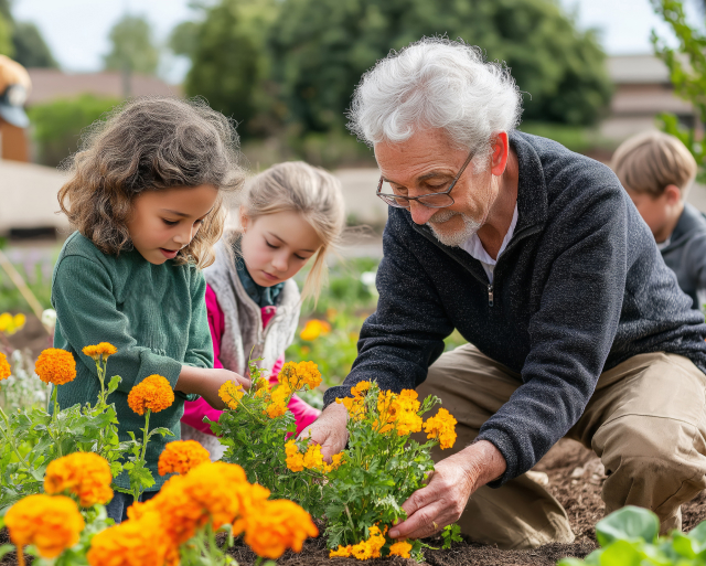 Grandfather working in garden with grandchildren